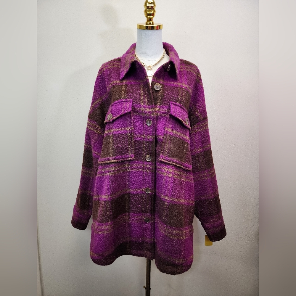 Good American Plaid Purple And Brown Women's Jacket, Size 3/4